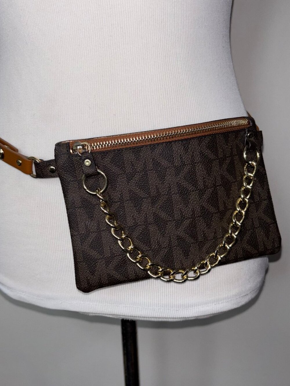 Michael Kors Brown MK Signature Fanny Pack Belt Bag Gold Chain Size S